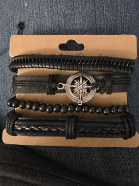 Black Leather and Bead Compass Bracelet Set